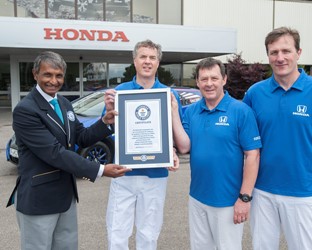 Honda sets new GUINNESS WORLD RECORDS™ title for fuel efficiency, averaging 2.82 litres per 100km (100.31mpg) in 13,498km (8,387 mile) drive across 24 EU countries.