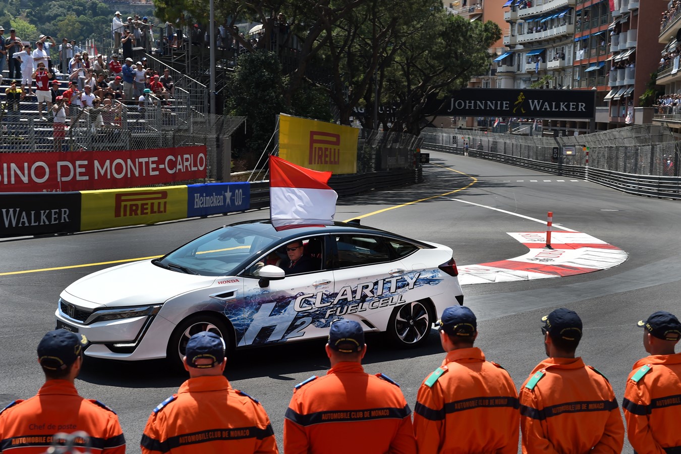 Prince Albert of Monaco drives the Honda Clarity Fuel Cell in lap of honour at Formula 1 Grand Prix de Monaco 2017