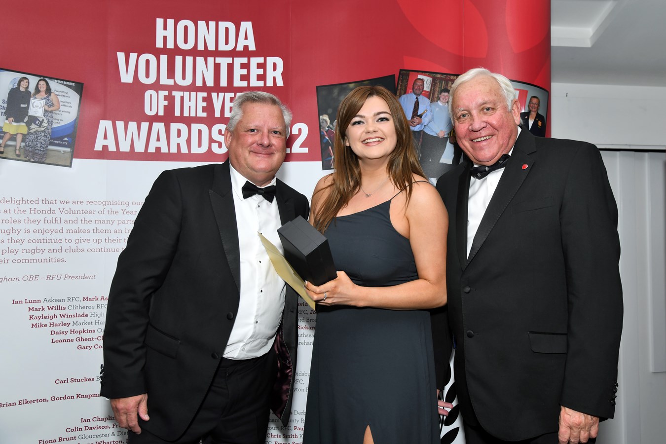 Honda Volunteer of the Year Awards - Steve Morris - Honda UK Head of Power Products, Jodie Hill - Award Winner, Rob Briers - RFU Vice President