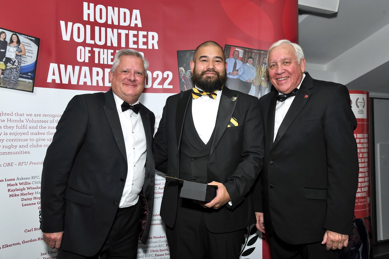 Honda Volunteer of the Year Awards - Steve Morris - Honda UK Head of Power Products, Arthur Crabtree - Award Winner, Rob Briers - RFU Vice President
