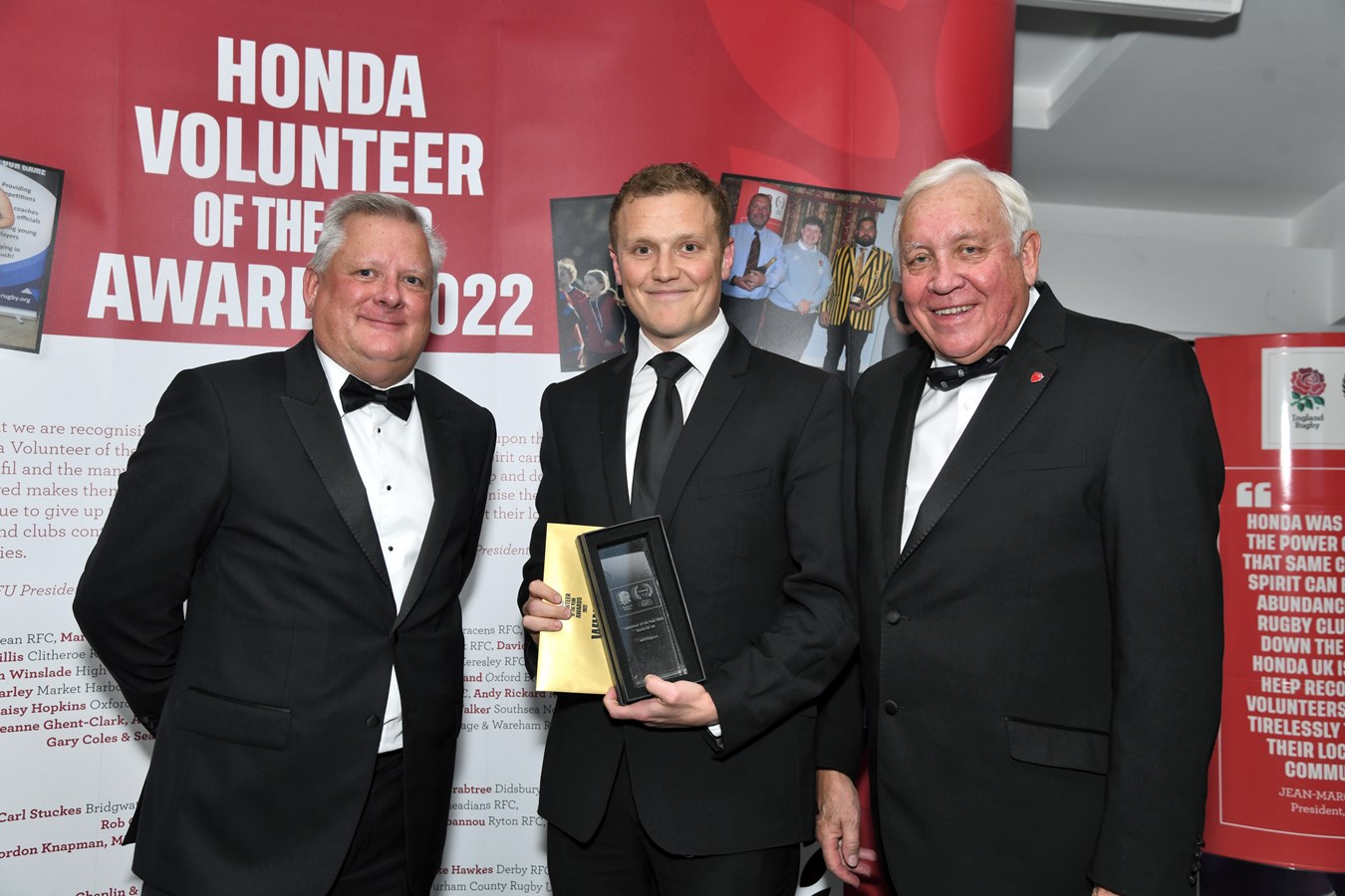 Honda Volunteer of the Year Awards - Steve Morris - Honda UK Head of Power Products, Will Gilgrass - Award Winner, Rob Briers - RFU Vice President